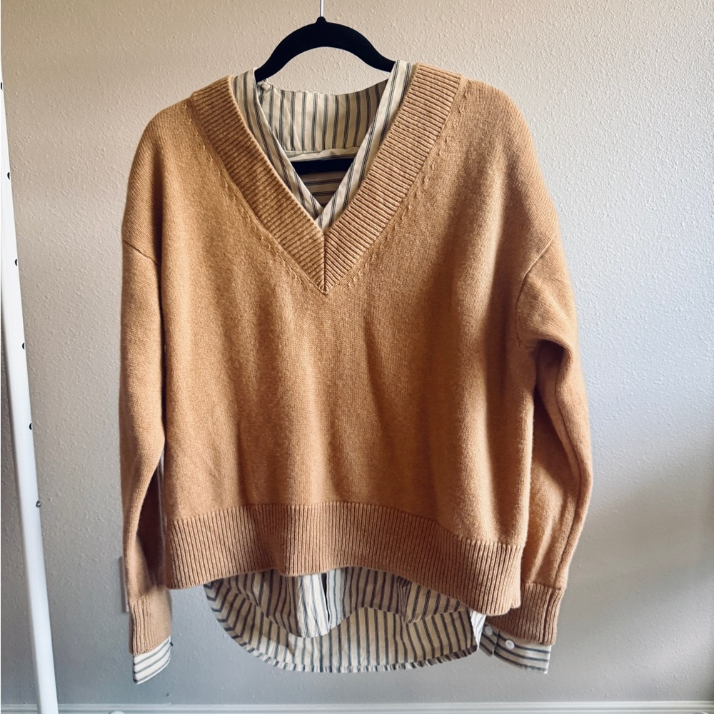 Tan V-Neck Sweater with Striped Shirt